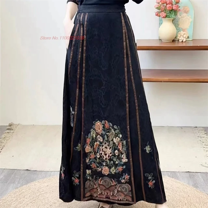 2025 chinese vintage skirt national flower embroidery satin jacquard skirt elastic waist a-line skirt oriental horse-face skirt