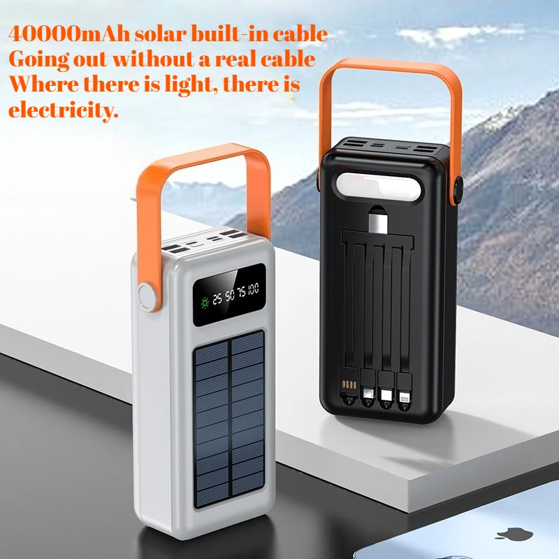 

40000mAh Outdoor Power Bank with Solar Panel & Built-in Cables Waterproof Portable Charger for Smartphones Camping Gear