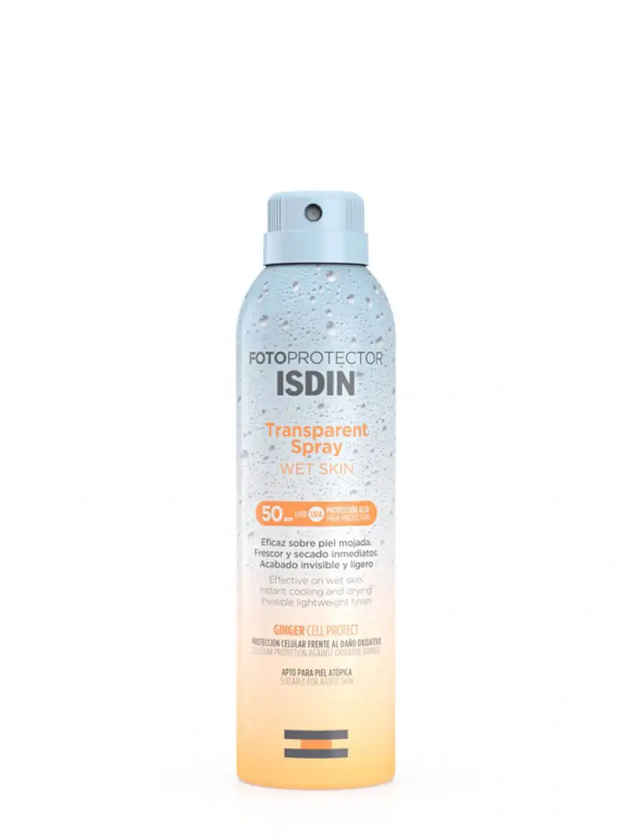 Isdin transparent photoprotector wet skin spray spf 50 250 ml-adult sunscreen spray Without white marks.