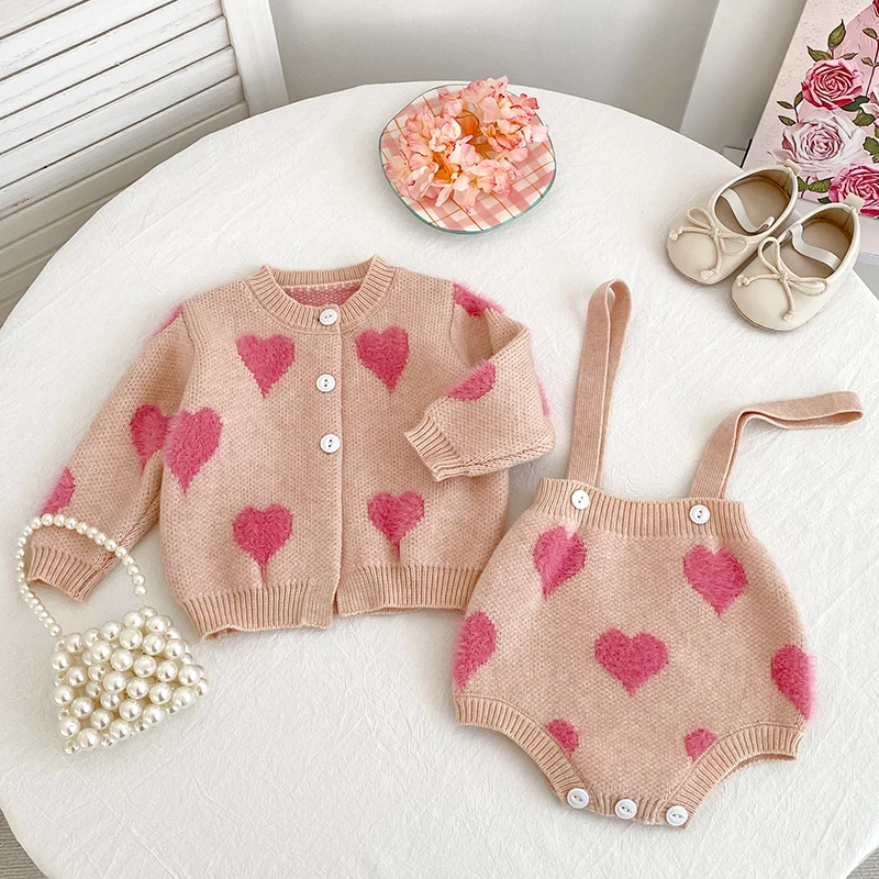 Autumn Infant Baby Girls Knit Sets Long Sleeve Loving Heart Coat+Rompers Clothing Sets Spring Kids Girls Suit Clothes 0-2Yrs