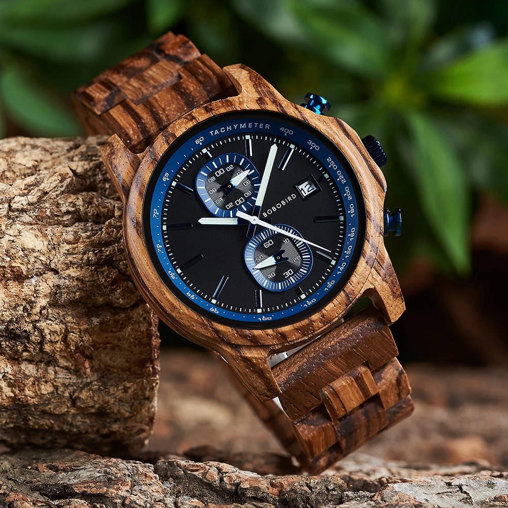 

BOBO BIRD Watch Men Wooden Watches Walnut Engraved Blue Chronograph Wristwatch Man Gift for Father's Day Anniversary