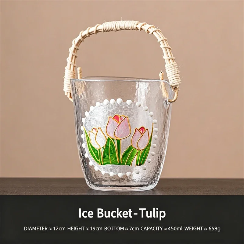 Rattan Woven Handle Glass Ice Bucket Hand Painted Flower Hammered Glass Beverage Cooler Fruit Storage Bucket Wine Chiller Basket