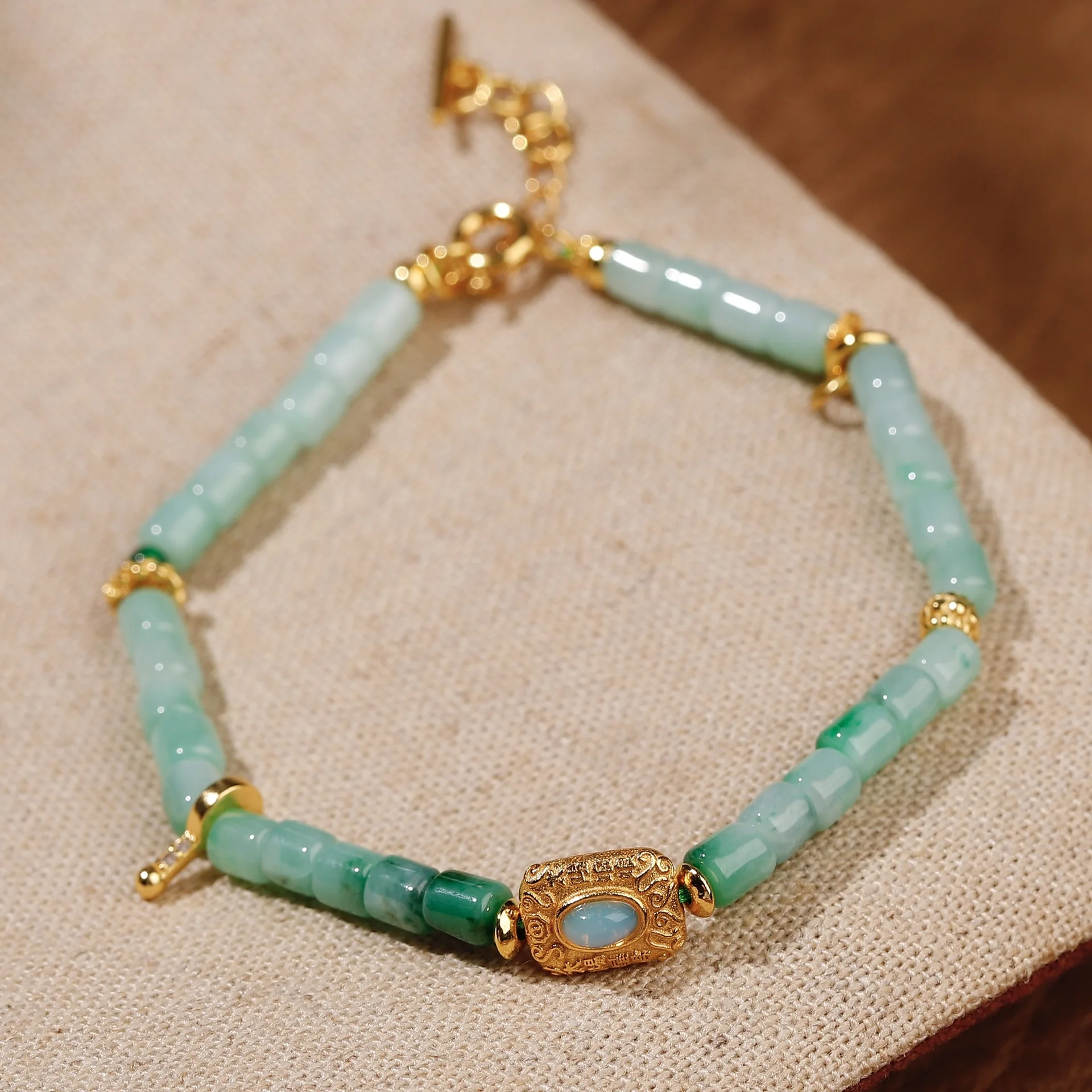 Natural Grade A Green Jadeite Tube Bead Bracelet Opal Inlaid S925 Sterling Silver Women Gem Hand Jewelry