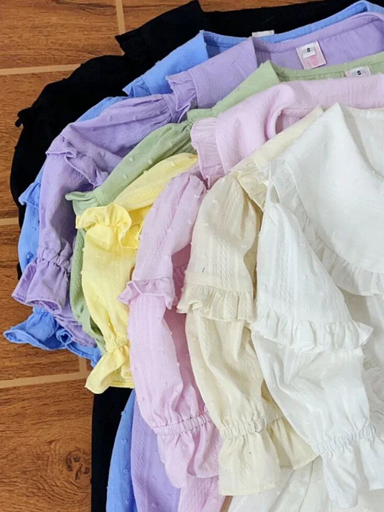 Sweet Lolita Blouses Women Cute Ruffles Peter Pan Collar Short Sleeve Shirts Japan Style Loose Inside Tops Kawaii Vintage Blusas