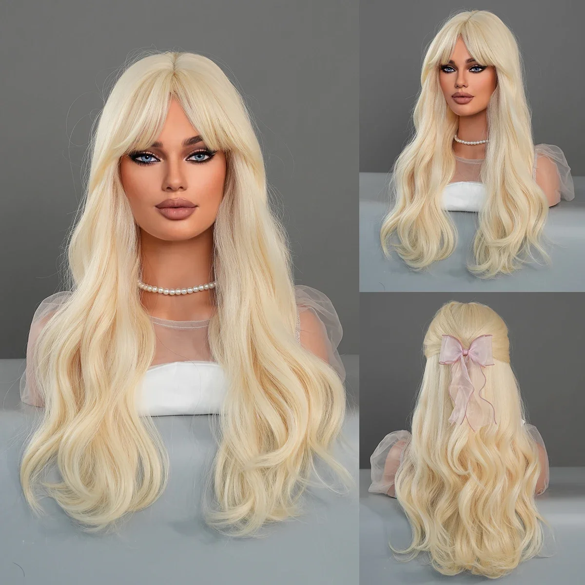 Peluca rubia larga PARK YUN Barbie para mujer, cabello sintético ondulado, calor de alta densidad, fiesta diaria, Cosplay de Halloween