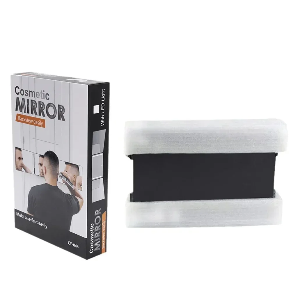 Faltbarer, LED-beleuchteter Schminkspiegel, Haarschneidespiegel, dreiseitig, ausziehbarer Haken, Kosmetikspiegel, kompaktes tragbares Design