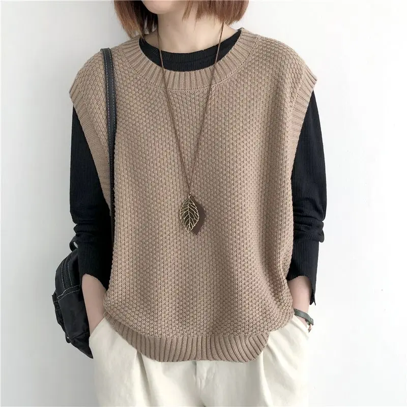 New Knitted Vests Women Spring Autumn Solid Loose O-neck Irregular Hem Pullover Sweaters Outerwear Simple Office Lady Fashion