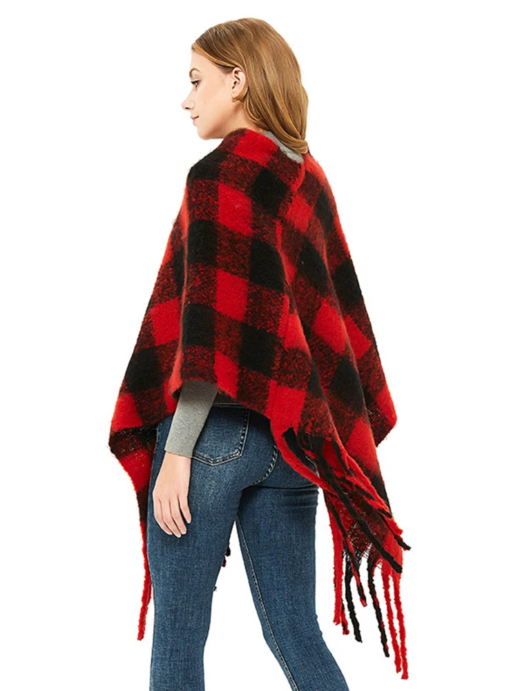 Nova moda outono inverno moda feminina borla xadrez xale quente grosso tamanho grande estilo de trabalho solto alta qualidade bonito poncho