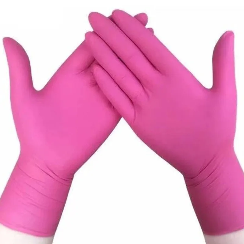 Guantes desechables de nitrilo, manoplas antiestáticas de látex, resistentes al agua, versátiles y duraderos, color rosa, 100 piezas