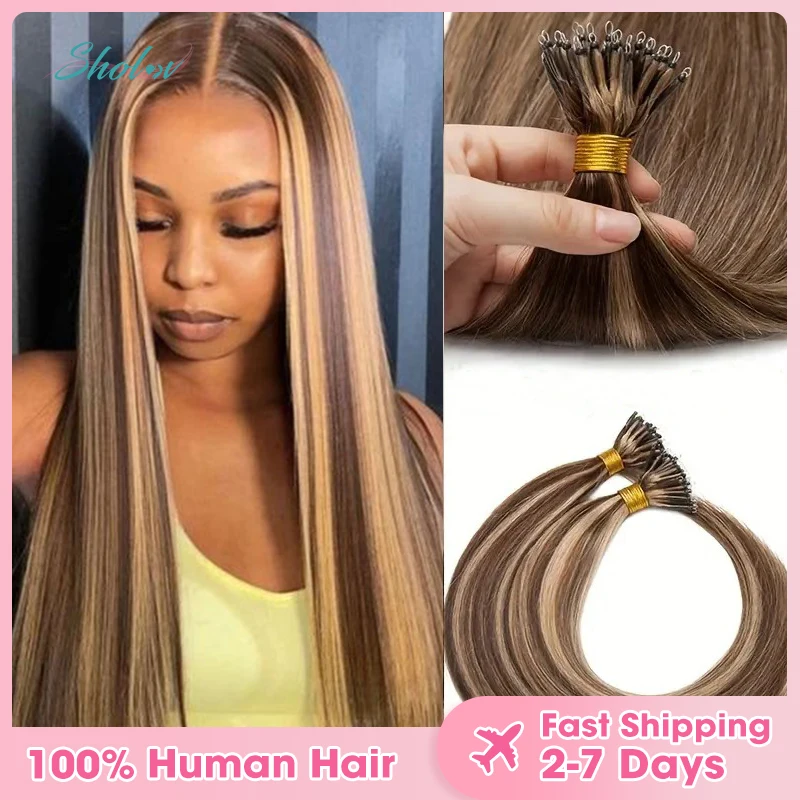 22Inch Nano Ringen Tip Human Hair Extensions Echt Menselijk Haar Steil Menselijk Haar Extensions P4/27 Nano Ringen Tip Extensions