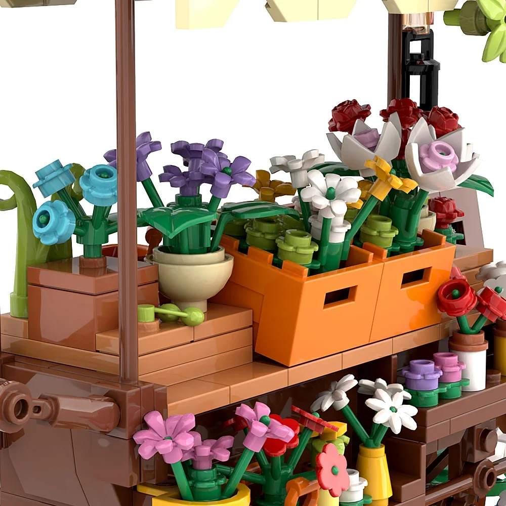 Bloques de construcción de carro de flores para niños y niñas, juguete de ladrillos para armar puesto de mercado, floristería, vista a la calle, ideal para regalo, 458 piezas