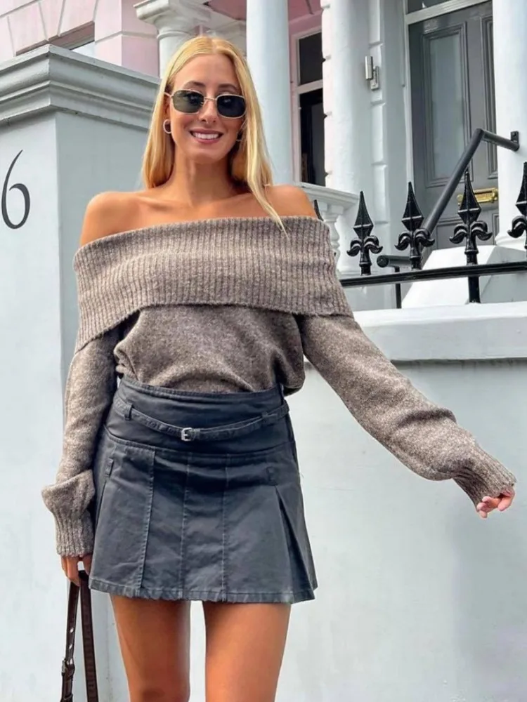 Slim Pullover Solid Off Shoulders Women Clothes Sexy Sweater Long Sleeve Knitted Top Fashion Girl Chic Top Traf Store Knitwear