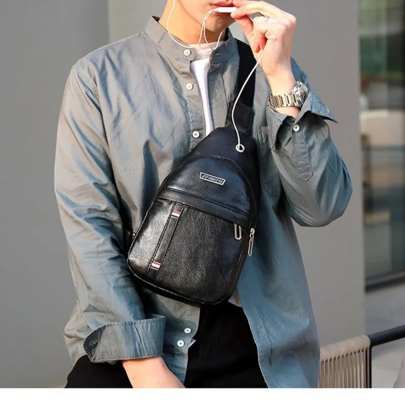 Black PU Material Simple Retro Fashion Men Crossbody Bag Sling Bag