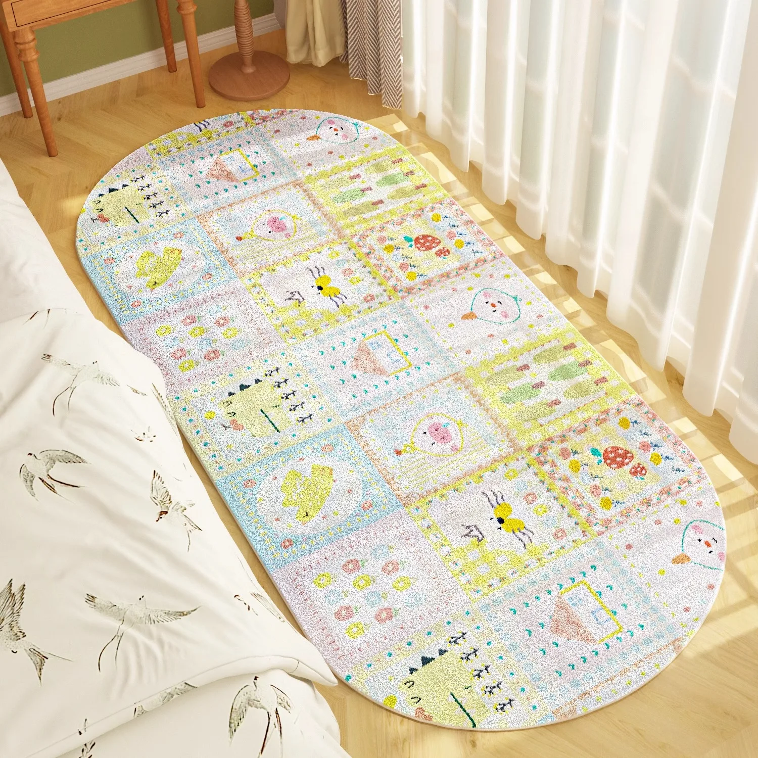 

Green Floral Living Room Runner Rug Oval French Pastoral Style Girls Bedroom Plush Carpet Cute Cloakroom Corridor Soft Mat Tapis