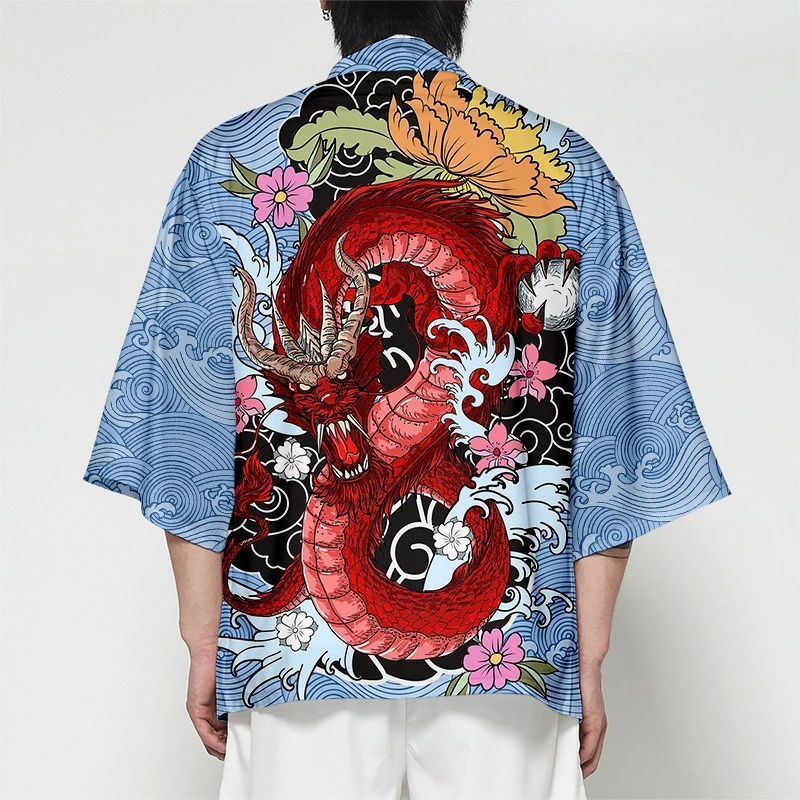 

Dragon Print Kimono Unisex Cardigan Hawaiian Shirt Traditional Haori Obi Kimono Cosplay Clothes Harajuku Fashion Yukata