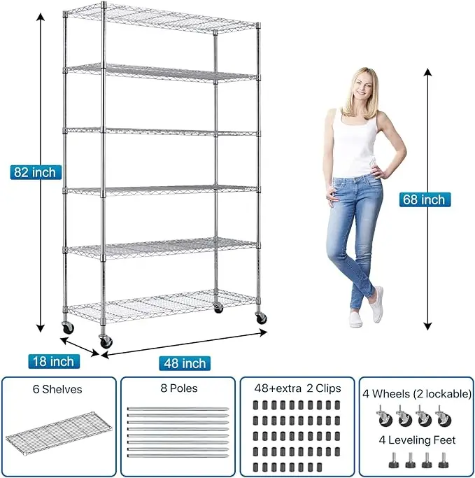 Étagères de rangement en métal avec roues, étagère en fil métallique, 6 niveaux, certification NSF recommandée
