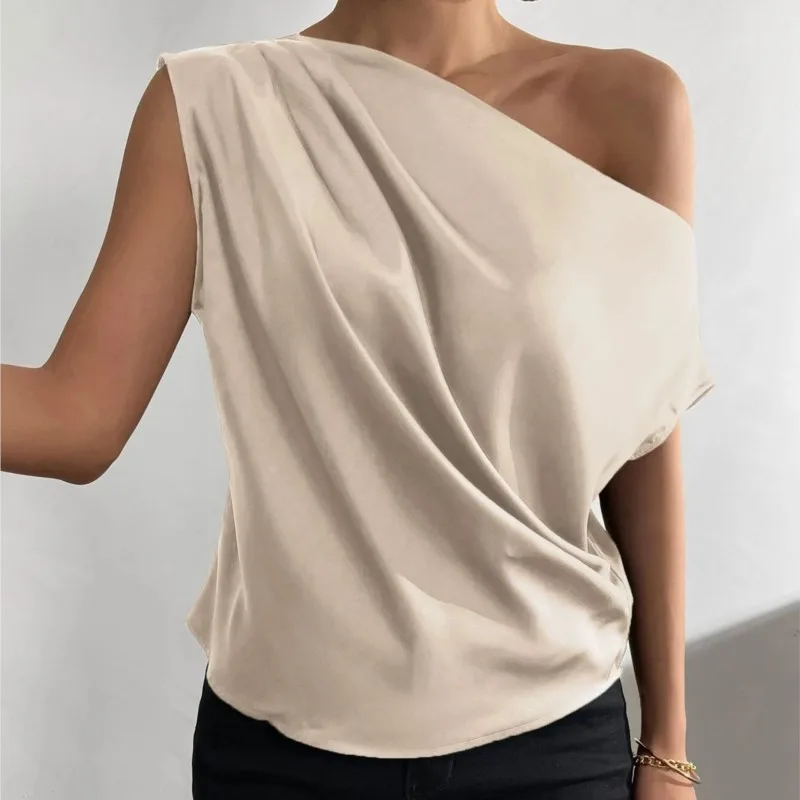 Elegant Off Shoulder Green Shirt 2024 Women\'s Summer New Fashion Versatile Oblique Collar Pinched Pleated Asymmetric Tank Top