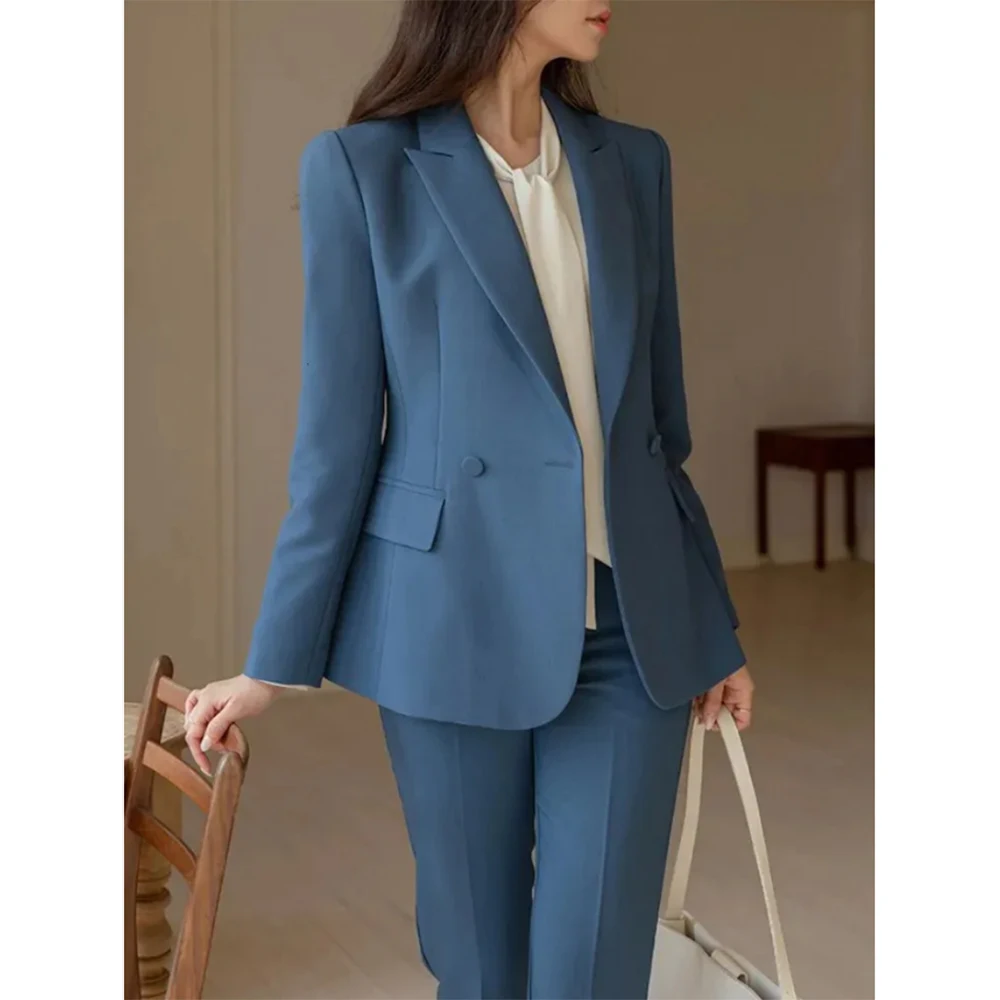 Skinny Blue Double Breasted Peak Lapel 2 Piece Jacket Pants Outfits Formal Blazer Costume Slim Fit Office Lady Clothing 2024