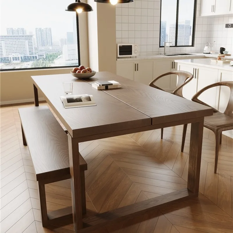 

Dining table household log style walnut color rectangular dining table log office computer desk