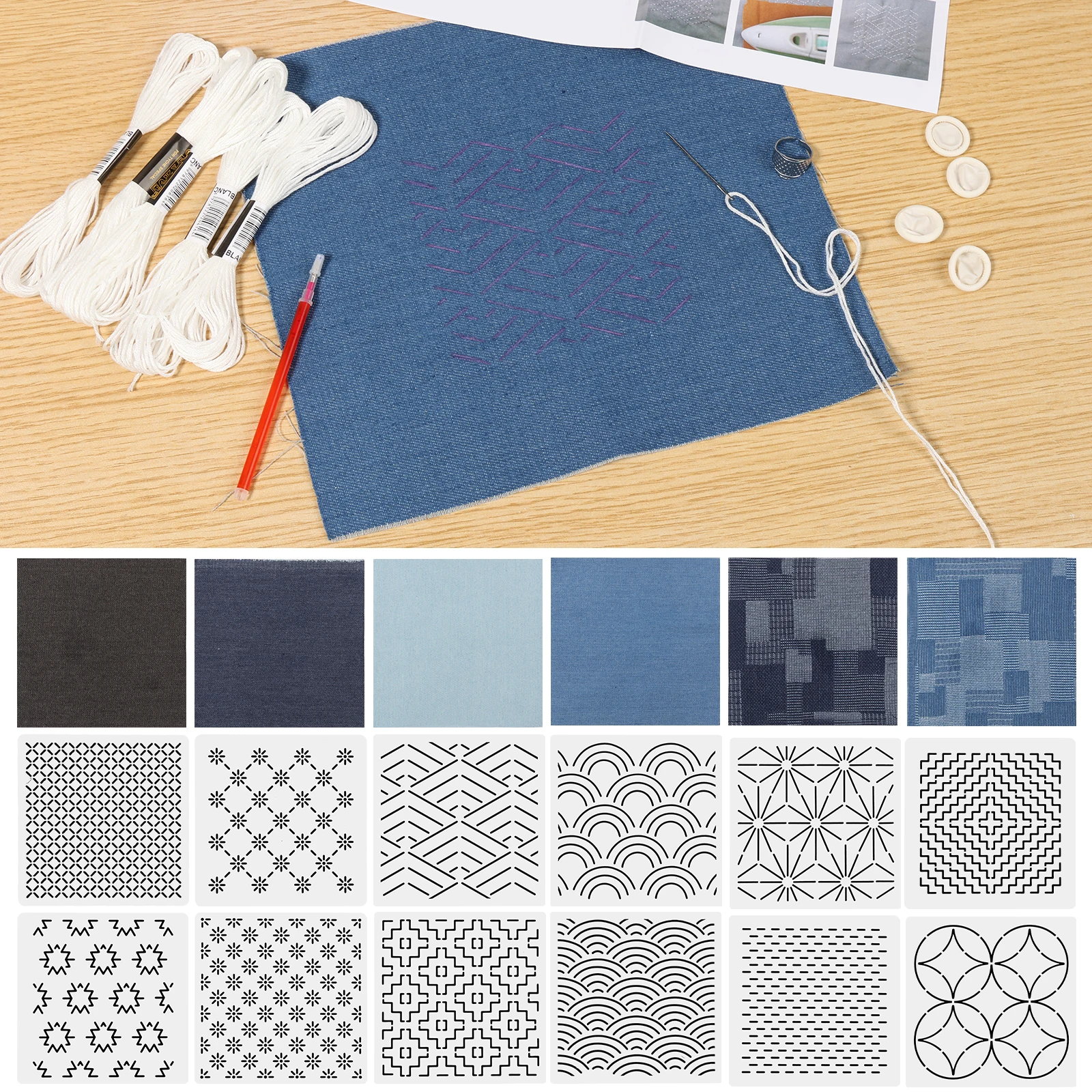 12 Pcs Sashiko Stencils Kit Complete Reusable Sashiko Thread and Needles Thimble Set Denim Fabric Embroidery Kits for Beginners