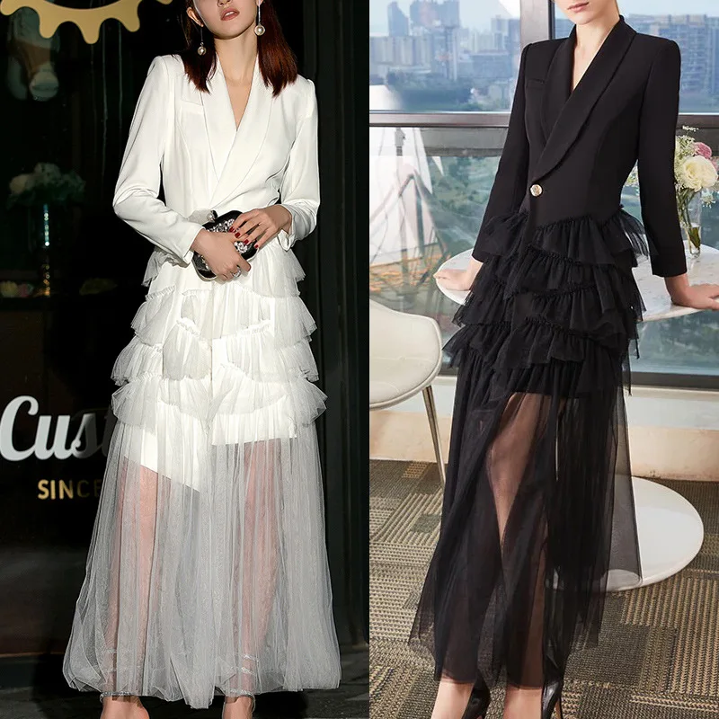 

Luxury Women Mesh Patchwork Dress Chic Black White Long Sleeve Lapel Blazer Party Dresses Ruffles Cake Dress Trendy Design Gown