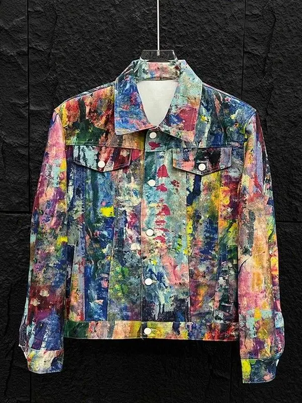 

Spring Autumn fiti Oil Painting Denim Jaet Men's Faion Casual Loose Fit Outerwear Cotton Polyester Blend Stand Fit