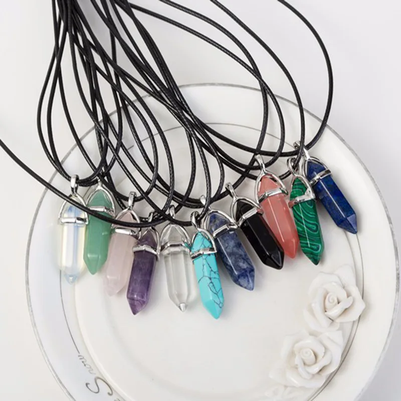 New Hexagonal Column Natural Stone Choker Necklaces Vintage Pink Purple Crystal Pendent Necklace for Women Leather Chain Jewelry