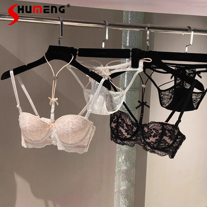 

Lace Backless Bra Set for Female Pure Desire Subtle Sexy Halter Neck Brief Suits Female Black White Underwear Intimates