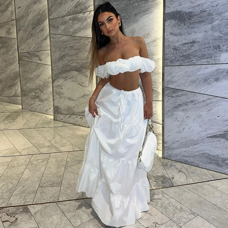 Frauen Rüschen Sexy Weiß Floral Backless Crop Tops Und Tiered Lange Rock Sets Party Streetwear Abend Zwei Stück Sets Kleidung