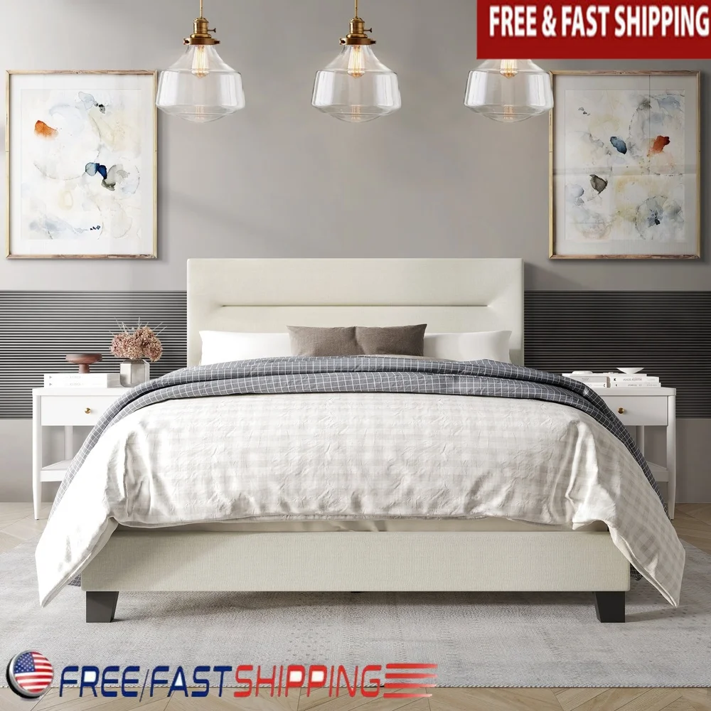 

Simple Linen Upholstered Full Bed with Foam Padded Headboard Durable Solid Wood Frame Easy Assembly Elegant Design Comfort and