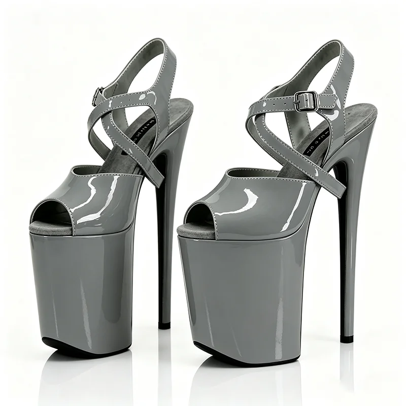 Shiny Nude Patent Platform Stiletto Sandals Ankle Buckle Open Toe 23cm High Heels Womens Club Stage Party Pole Dance Footwea