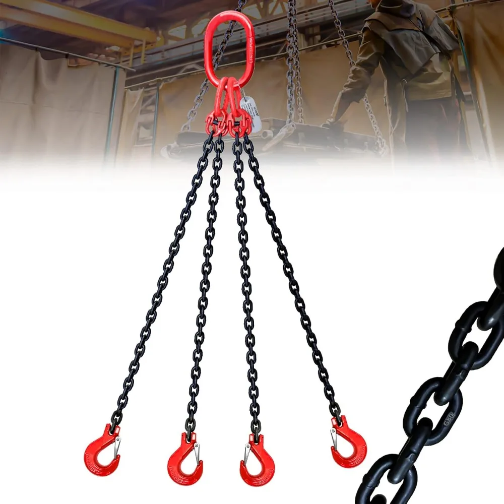 

6 Ton 4 Leg Chain Sling 5/16” 5 Ft, G80 Alloy Steel 4 Way Chain Slings Quadruple Leg Slings Lifting with 4 Safety Grab Hooks