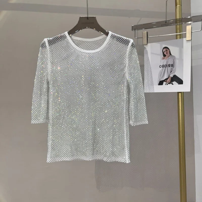 New European and American Clothing Mesh Sparkling Crystal Blouse Party Unlined Sparkling Hollow Sleeves Round Neck Top