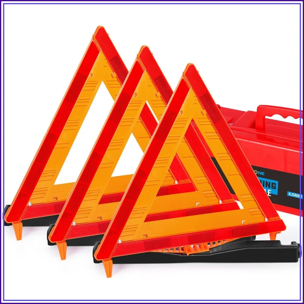 

DOT Approved Safety Triangles, 3 Pack Foldable Warning Reflective Triangles, US FMVSS 571 125 with Carrying Case, Heavy Base Emergency Roadside Triangles