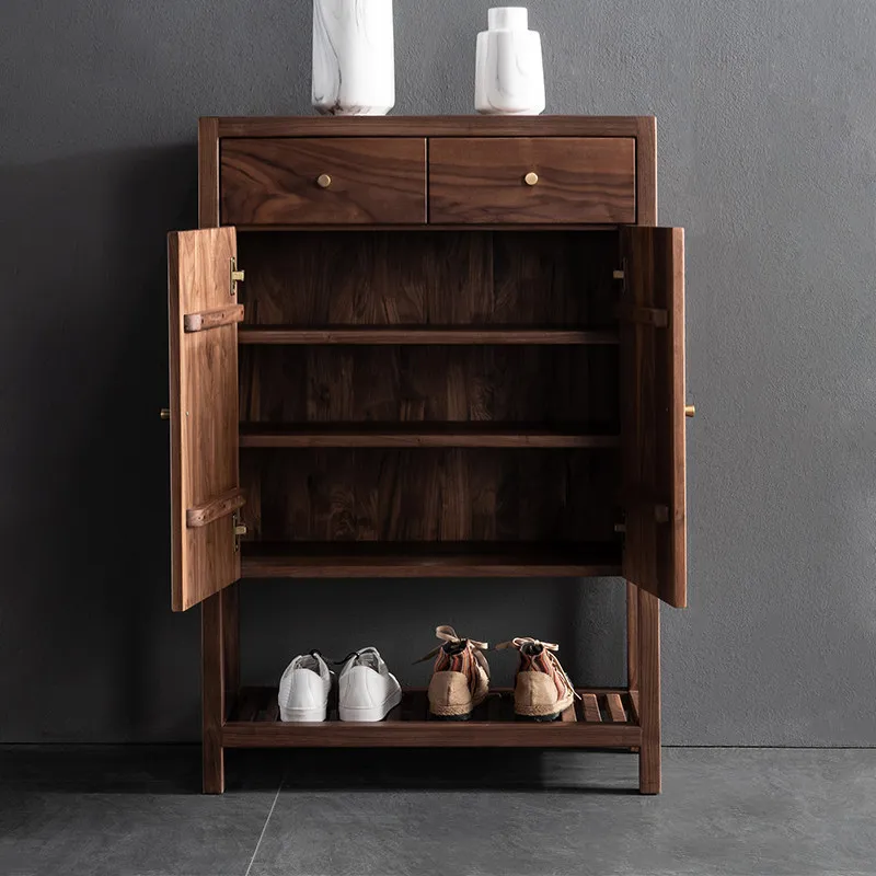For North American Black Walnut Solid Wood Shoe Cabinet Nordic Large Capacity 2 Door Locker Entryway Storage Furniture