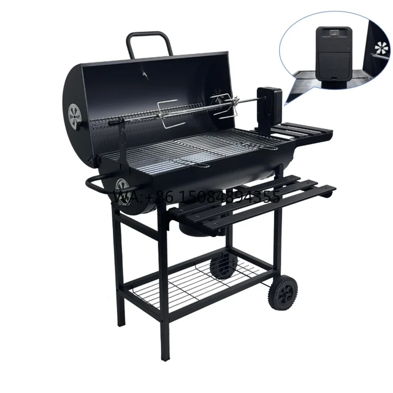 Outdoor Kitchen Modern Iron Heavy Duty Barrel Automatic Chicken Rotating Kit Barbecue Grill Charcoal Smoker with Cover