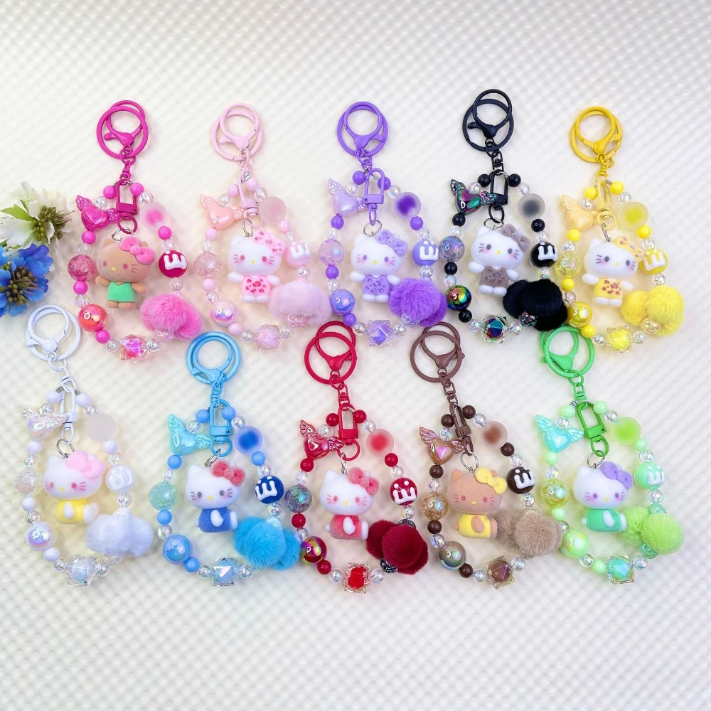창의적인 플로킹 헬로키티 휴대폰 체인, 헤어볼 비즈 휴대폰 끈, 열쇠고리, 가방 펜던트, 소녀 선물