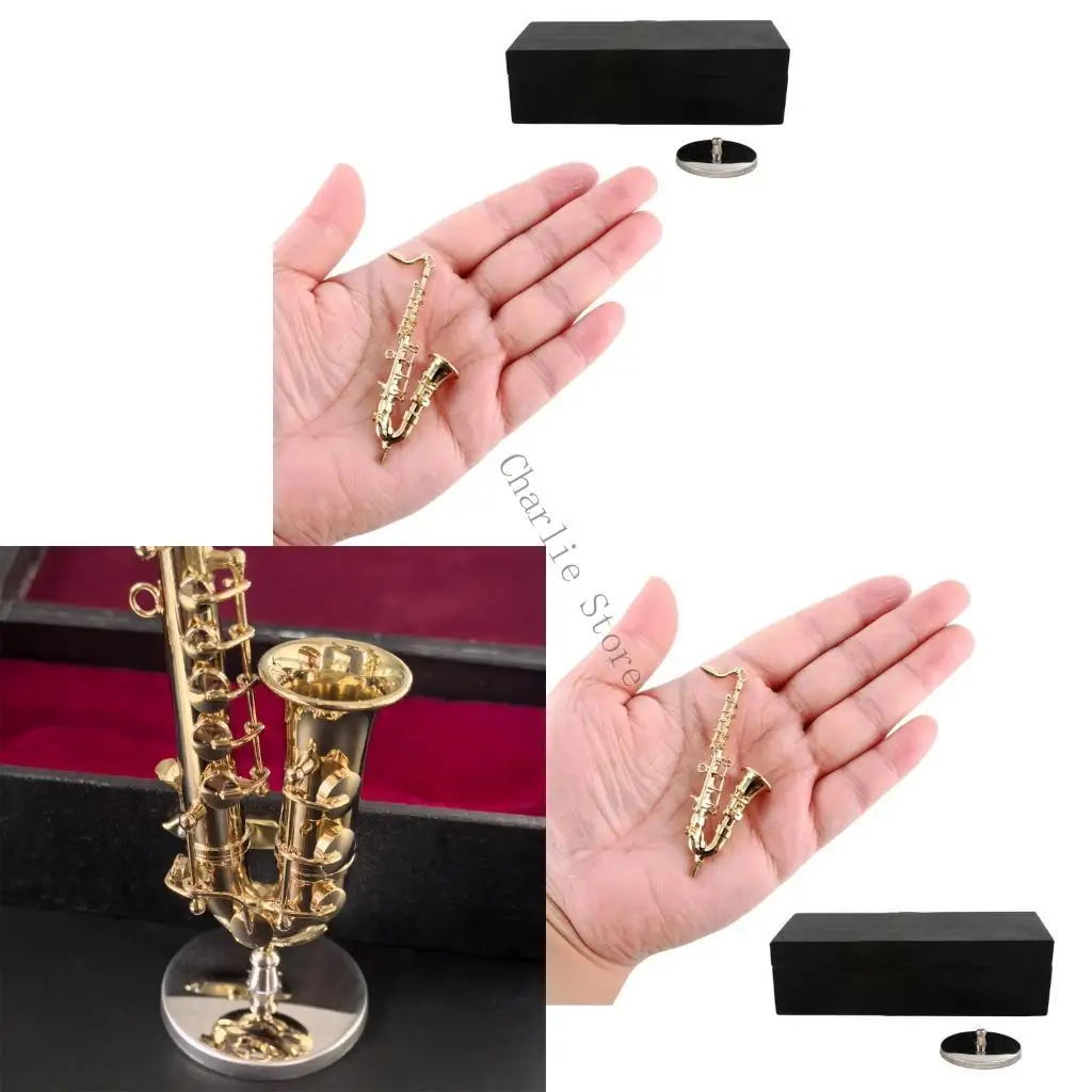 Miniatur Tenors Saksofon Model Dengan Stand dan Case Gold Saxophone Model Musik Dekorasi Alat Musik Yang Bertahan W91C