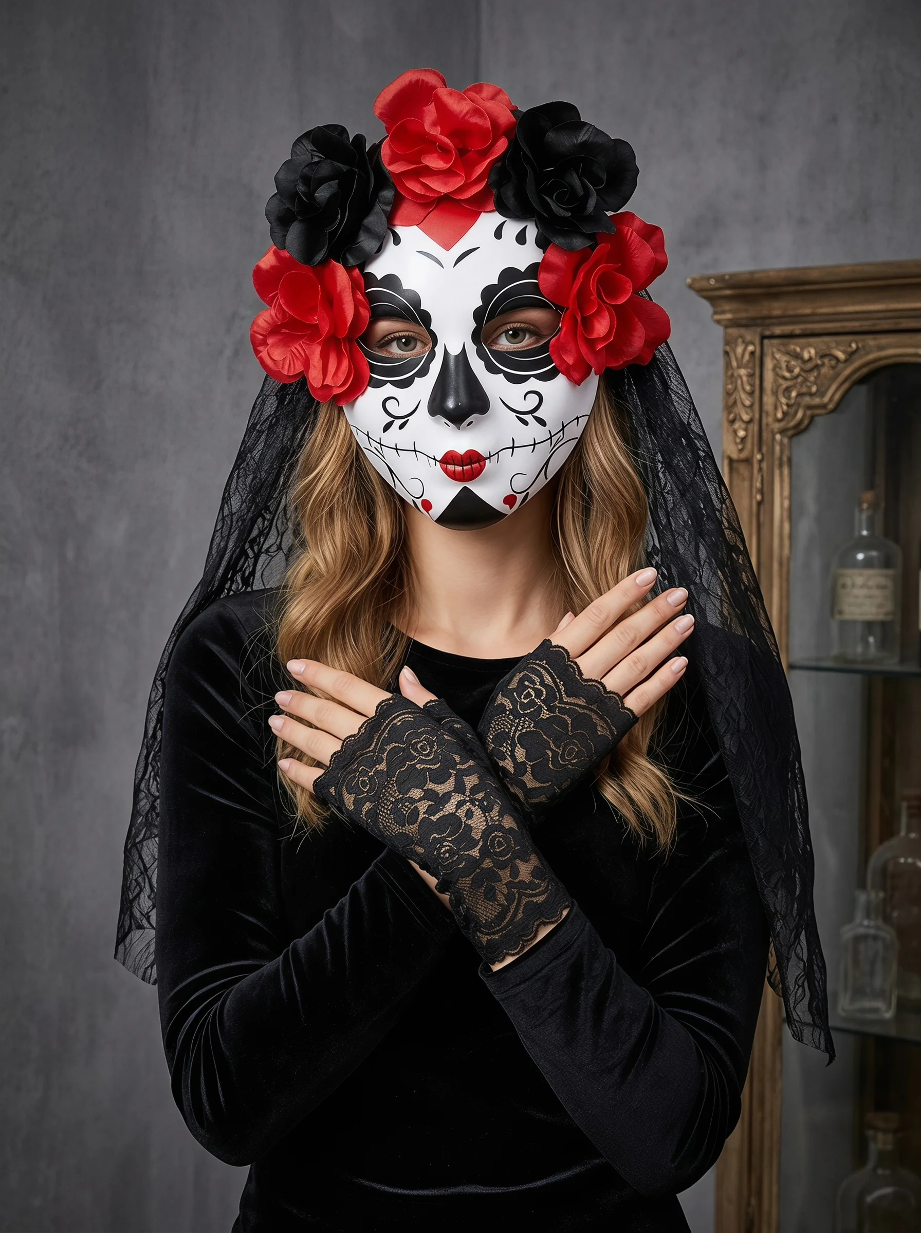 Halloween Day of The Dead Mask Veil Flower Lace Gloves Sugar Skull Cosplay Accessory Set view 3