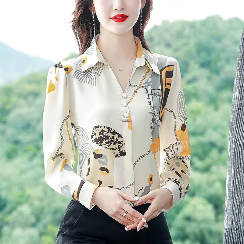 

Женская шифоновая блузка с цепным принтом, длинный рукав, элегантный свободный крой, весенние повседневные топы для женщин среднего возраста