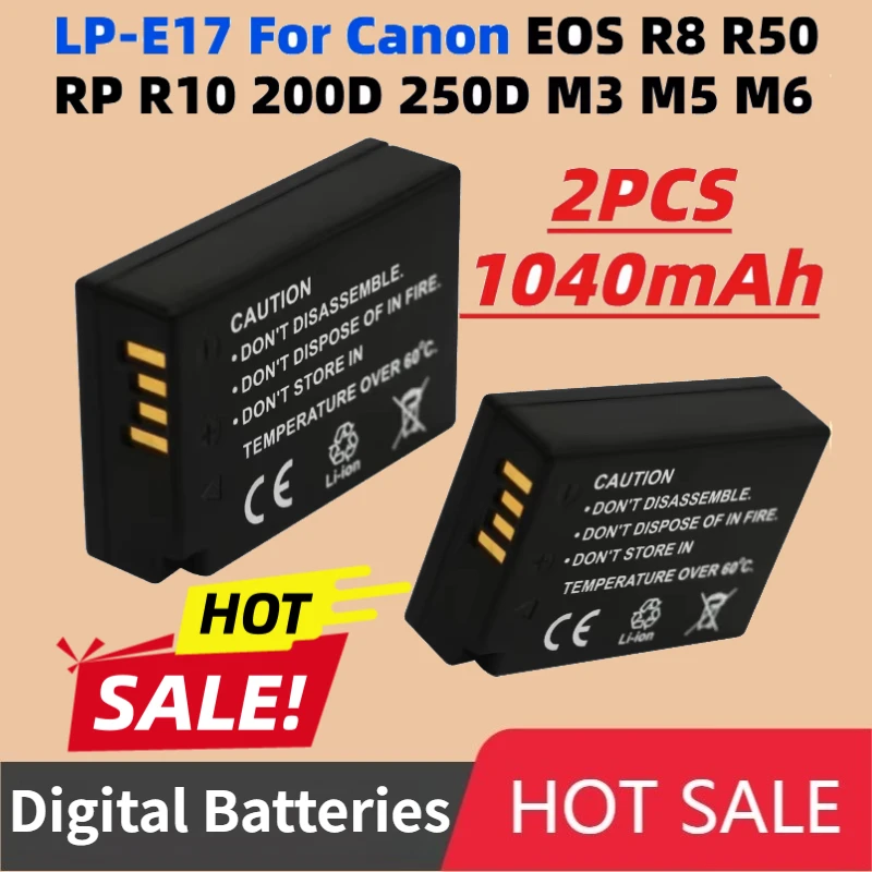 2PCS 1040mAh LP-E17 Li-lon Digital Batteries for Canon EOS R8 R50 RP R10 200D 250D M3 M5 M6 750D 760D T6i T6s 800D T8i T7i