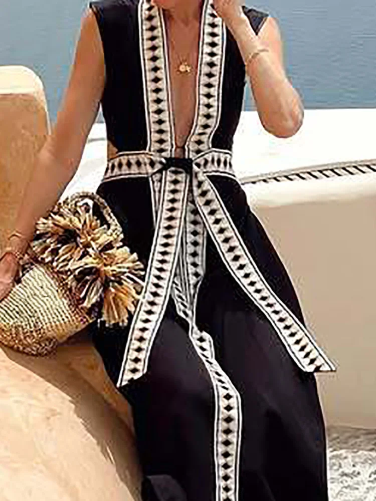 

Beach Style Hollow Out Lace-Up Cardigan Dress, Women Summer V Neck Chic Simple Maxi Dress, New Sleeveless Patchwork Ladies Dress