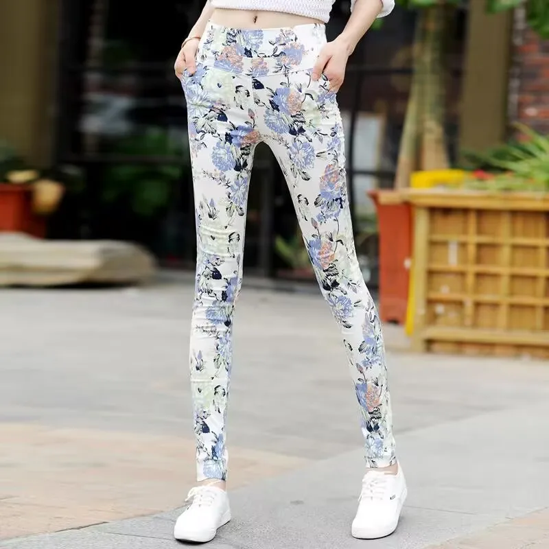 NEW Spring Summer Mid Waist Tight Pants Women Elastic Casual Printed Pencil Pants Female Trendy Slim Extend Trousers
