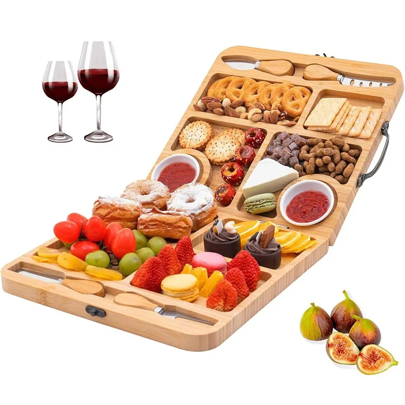 

Foldable Portable Bamboo Cheese Board Set with Magnetic Knife for Travel Deli Tray Gifts