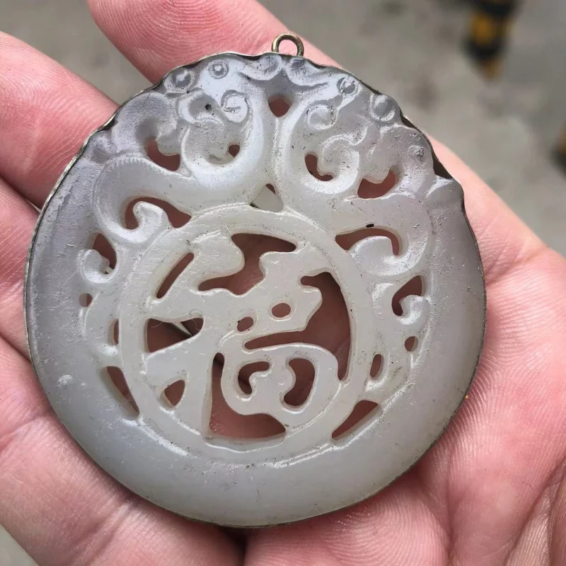 

Old Inlaid , Jade Ornament, Antique Silver-Edged Pendant