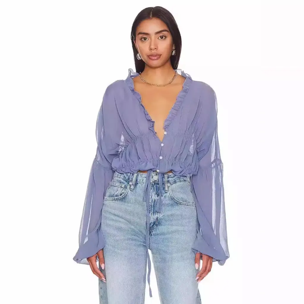 

Women's Casual Chiffon Blouse with Horn Sleeves for Autumn Vacation European American Style Beach Top Hot Selling on