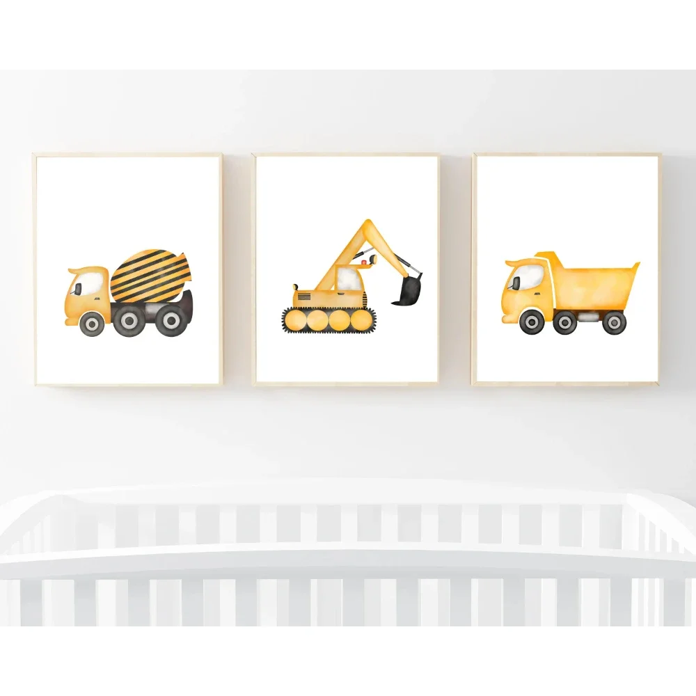 3PCS Large-sized frameless canvas paintings,3pcs Minimalist Cartoon Construction Vehicle Art Canvas Prints Posters of Trucks and