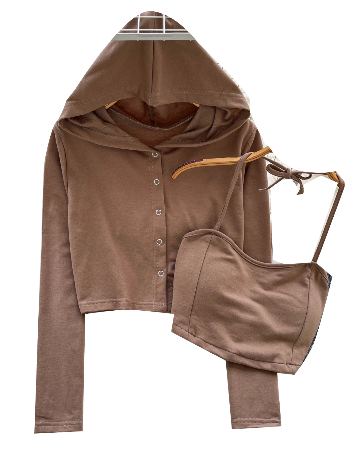 Setelan Wanita Kasual dengan Tali Selempang, Atasan Dalaman Musim Gugur dengan Rompi Luar dan Hoodie, Setelan Fashion Wanita