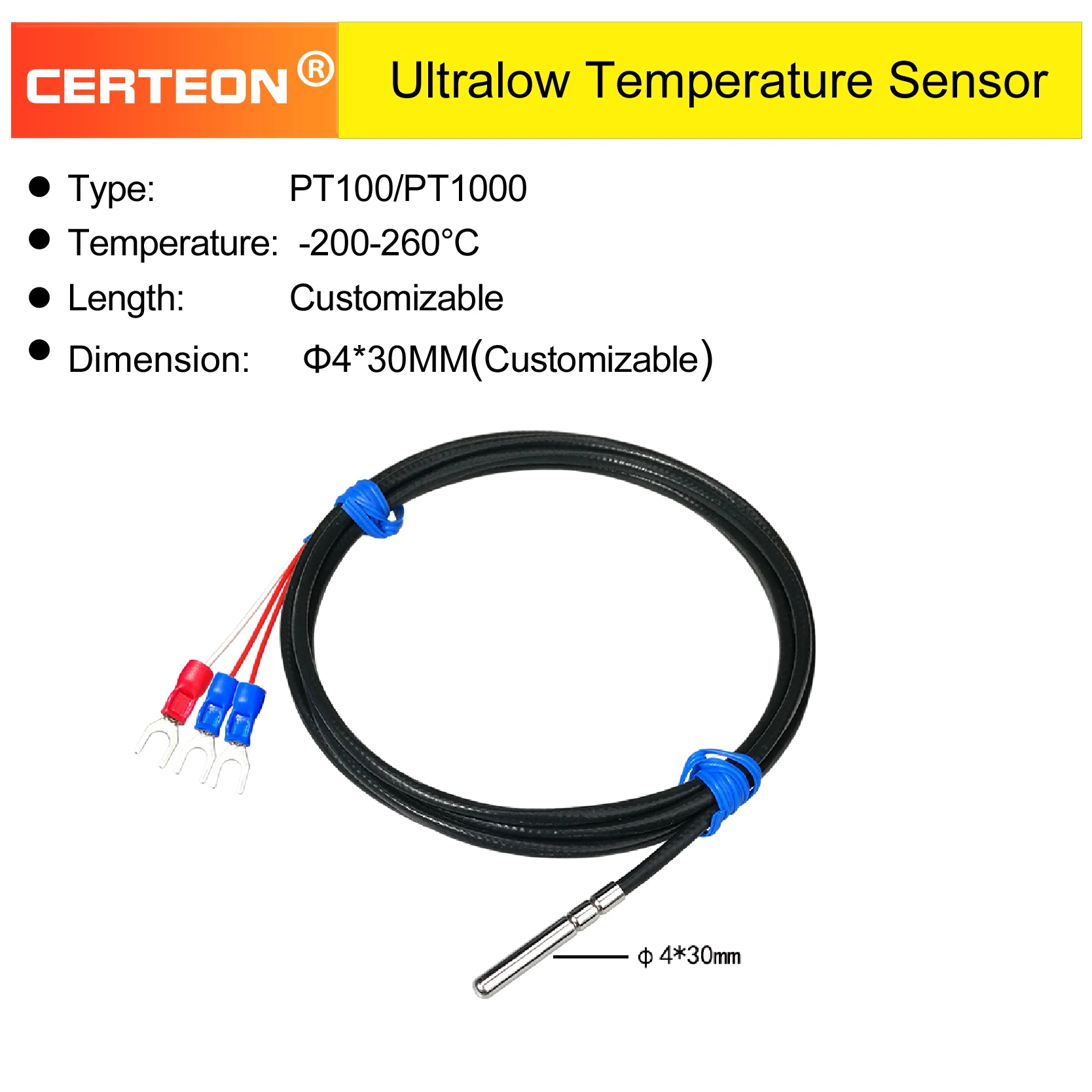 Low Temperature Sensor Cryogenic Probe Sub-Zero Monitoring Device Ultralow Freezing Point Temperature Sensor for Industrial Use