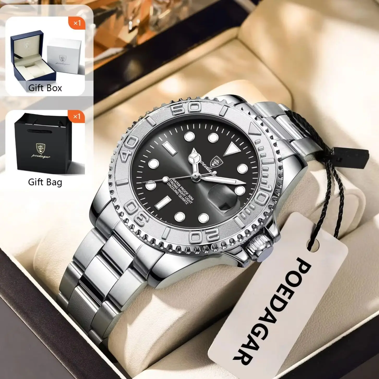 

POEDAGAR Роскошные мужские наручные часы из нержавеющей стали с датой, мужские часы, водонепроницаемые светящиеся спортивные модные кварцевые мужские часы reloj + коробка